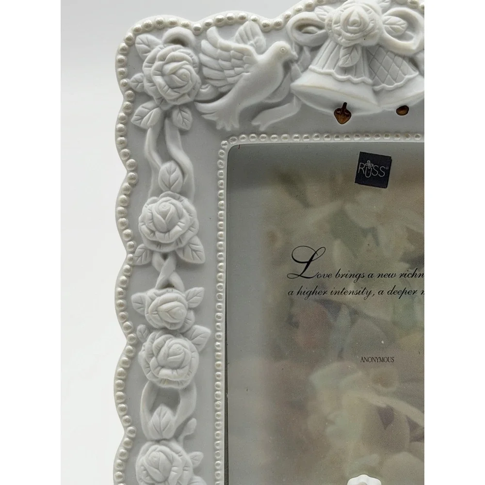 Vintage Russ Berrie White Porcelain Wedding Frame Roses Doves Cross 3.5x5 14389